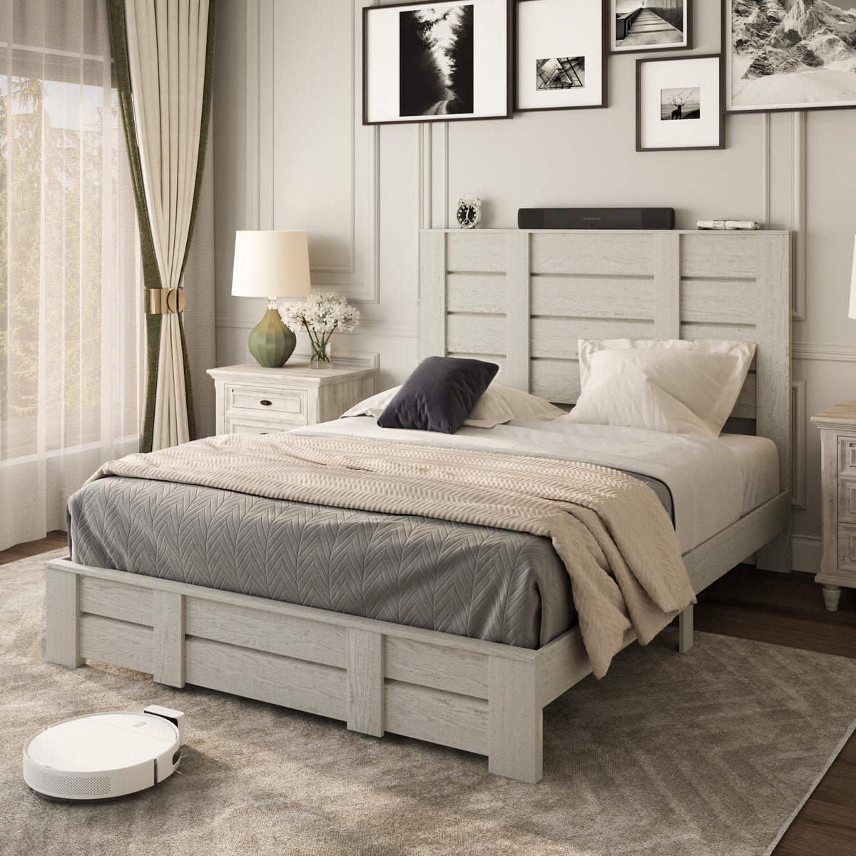 Mekminop Queen Size Wood Bed Frame with Tall Headboard & Footboard, Farmhouse Platform Bed with Solid Wood Slats Support, No Squeak, No Box Spring Needed (Beige Wood Grain)