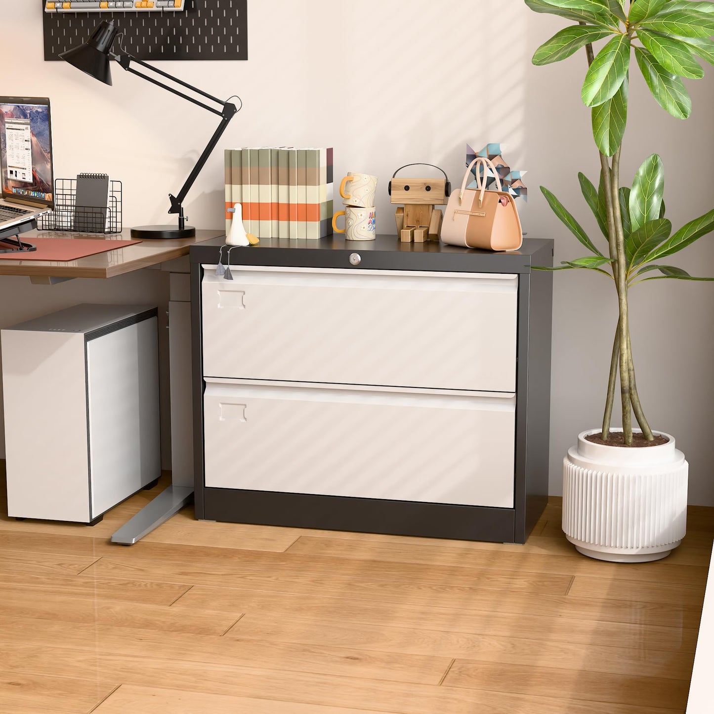 Aobabo Metal 2 Drawer Lateral File Cabinet with Lock, Large Deep Drawer with Adjustable File Bars for Office,Home, 34.5 Inches Wide for Letter/Legal Size, Black Grey, Assembly Required