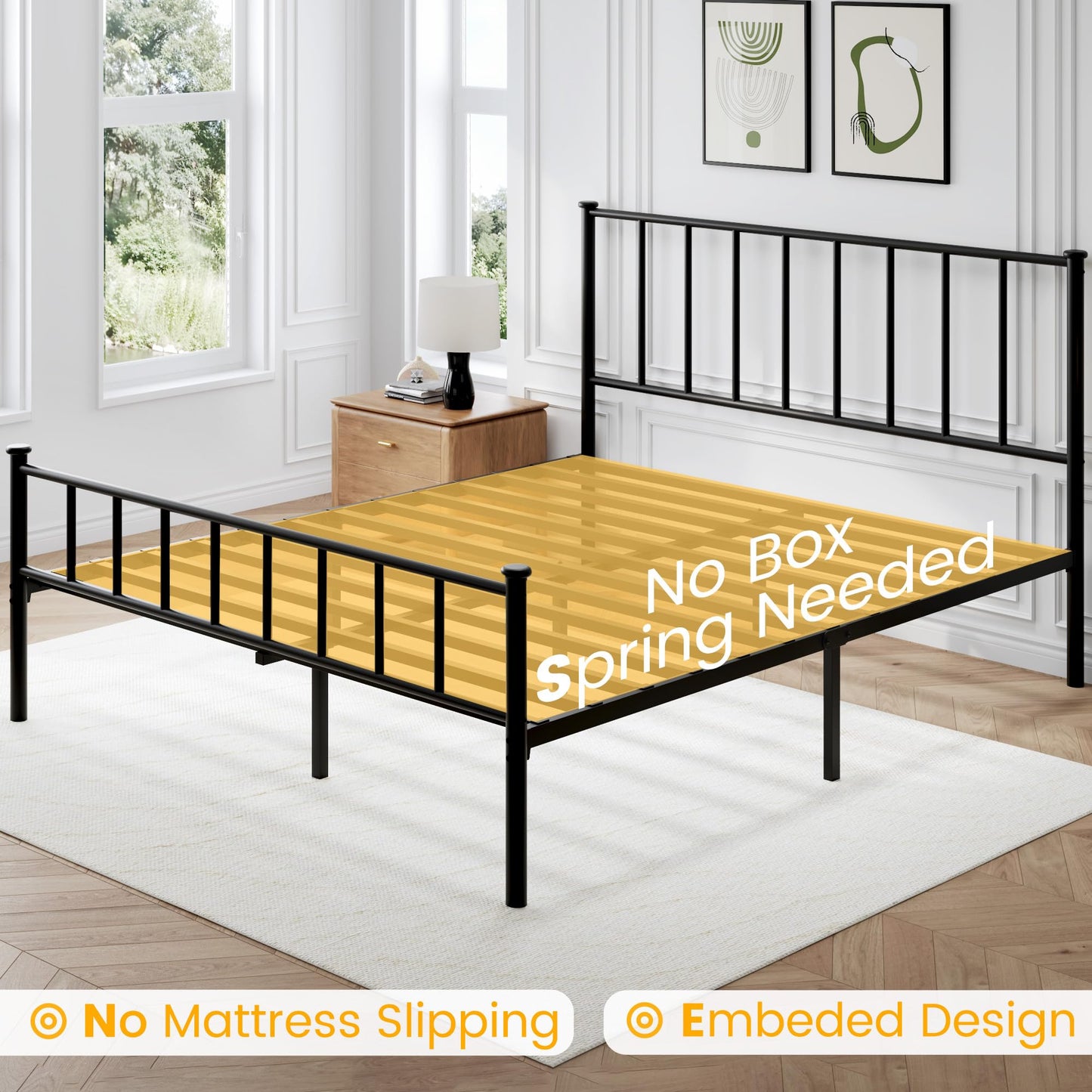 Fluest Queen Bed Frame with Headboard and Footboard, Metal Platform Bed Frame, All Metal Slats Support, Under Bed Storage, No Box Spring Needed, Noise-Free, Easy Assembly, Black