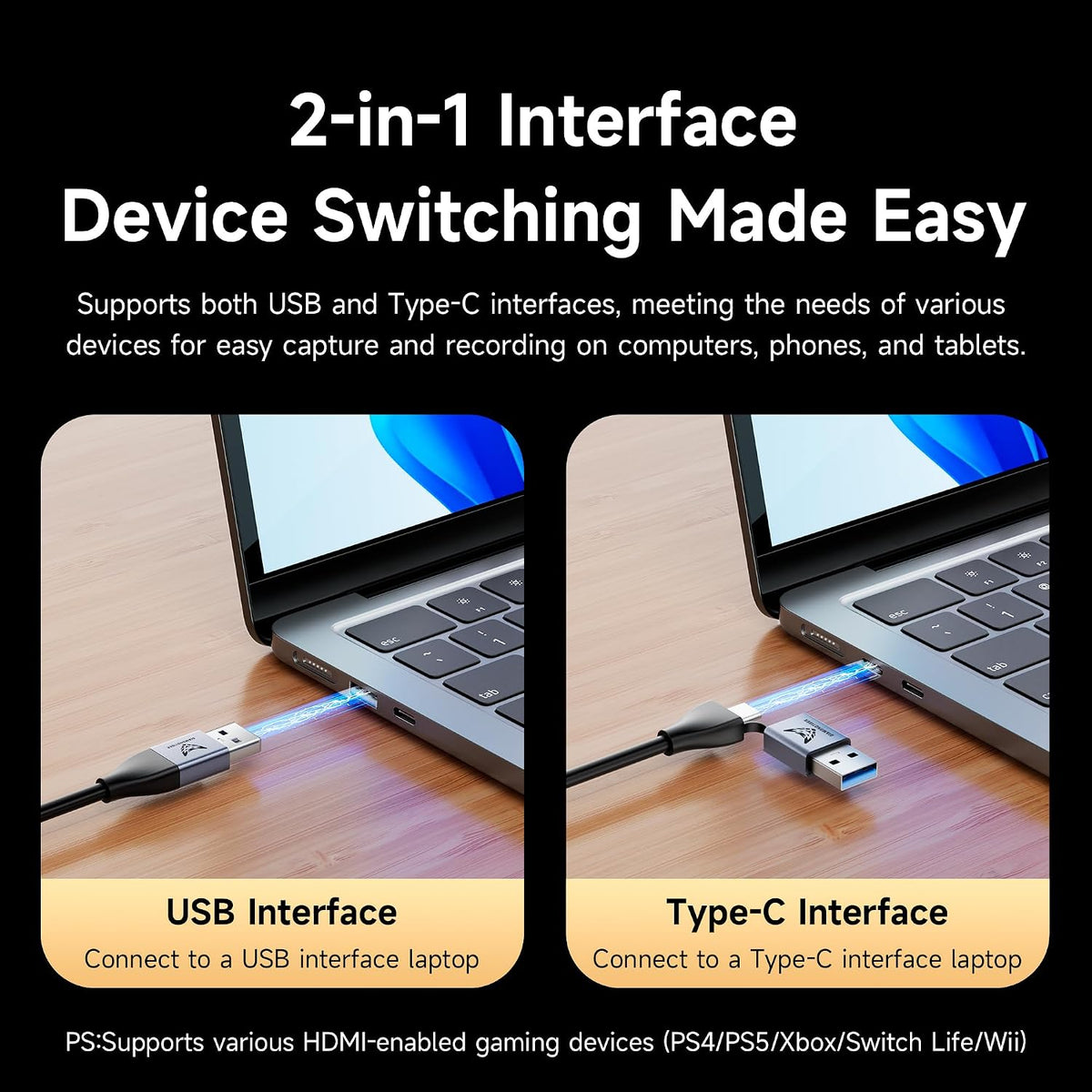 1080P 60fps Video Capture Card with 100W PD 6FT Cable