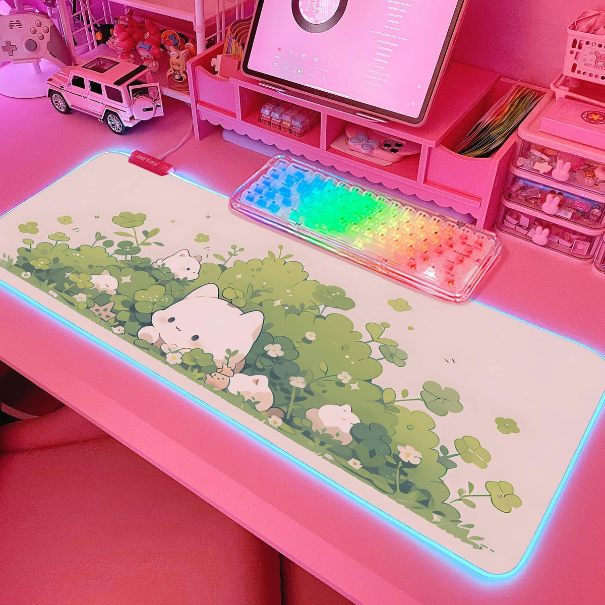 JMIYAV Pink RGB Gaming Mouse Pad 31.5x12 Inch PC XL Large Extended Glowing Led Light Up Desk Pad Non-Slip Rubber Base Computer Cute Mousepad Mat Desk Accessories Gaming Setup Hidden Cat
