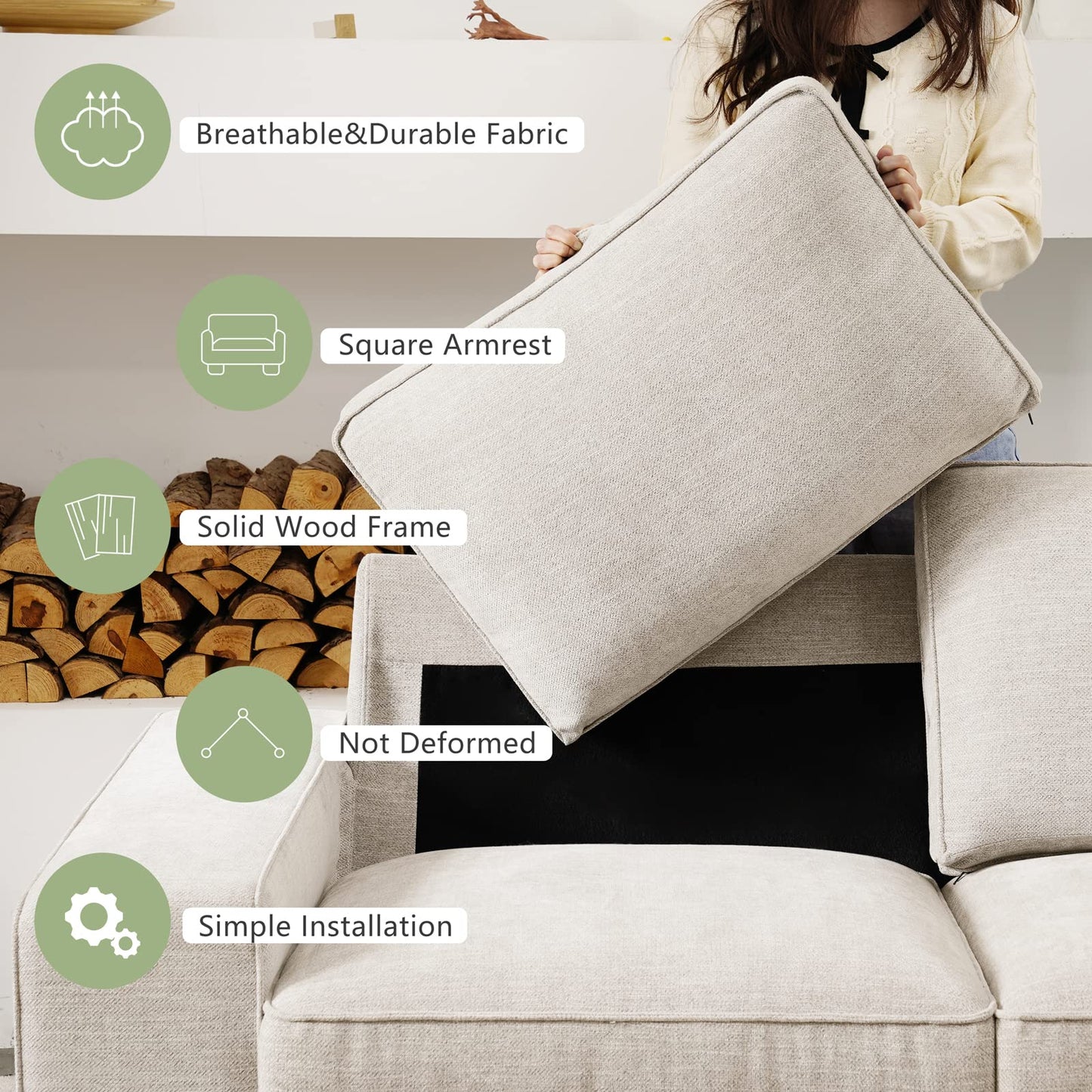 LEISLAND 88.58" Modern Sofas Couches for Living Room, Chenille Sofas & couches with Square Armrest, Removable Low-Back Sofa Cushion and Detachable Sofa Cover/Easy to Install(Beige)