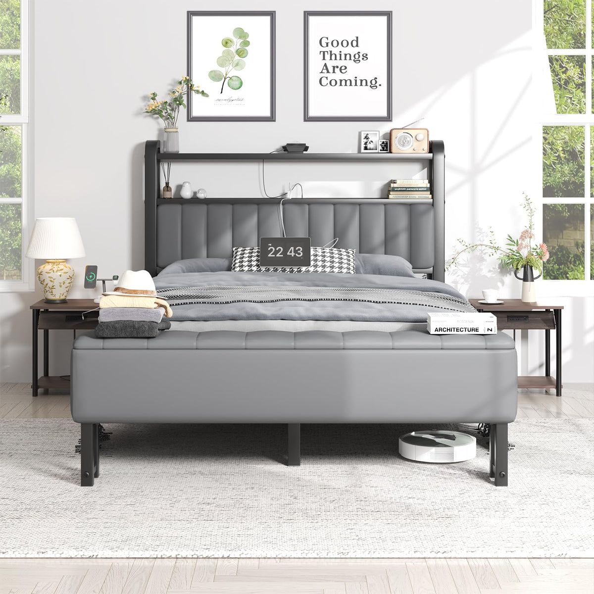 LoVinson Full Size Bed Frame with Headboard & Star Projector, Metal Upholstered Bed Frame with Charging Station, Heavy Duty Bedframe with Storage Ottoman, Noise-Free, No Box Spring Needed, Grey