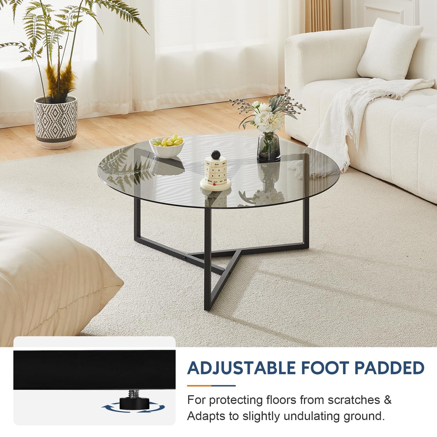 CLIPOP Small Round Coffee Table, Tempered Glass Coffee Table with Triangle Structure Metal Frame, Adjustable Feet Padded, Modern Coffee Table for Living Room, Small Space, Black
