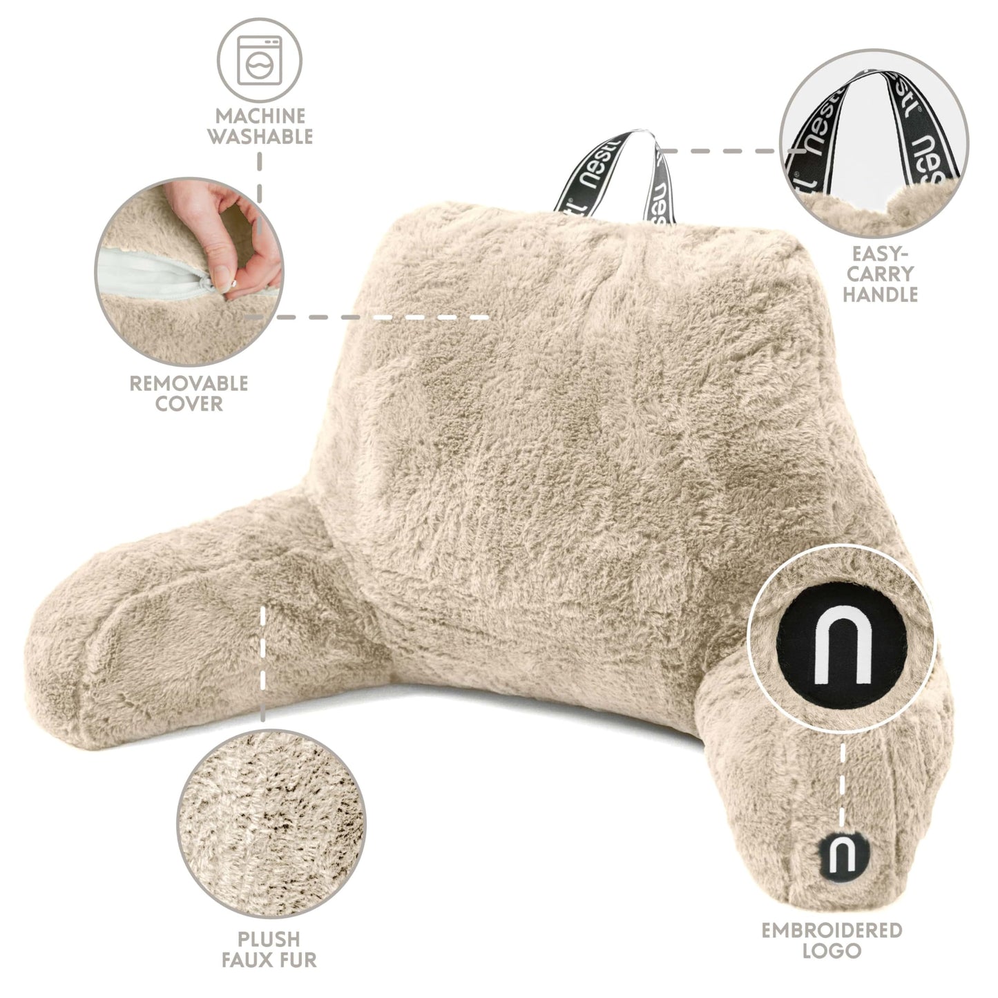 Nestl Fur Reading Pillow, Stylish Back Pillow for Bed Sitting Up, Faux Fur Bed Chair Pillow with Arms, Reading Pillows for Sitting in Bed Adult & Kids, Sit Up Back Support Pillow for Bed Rest - Linen