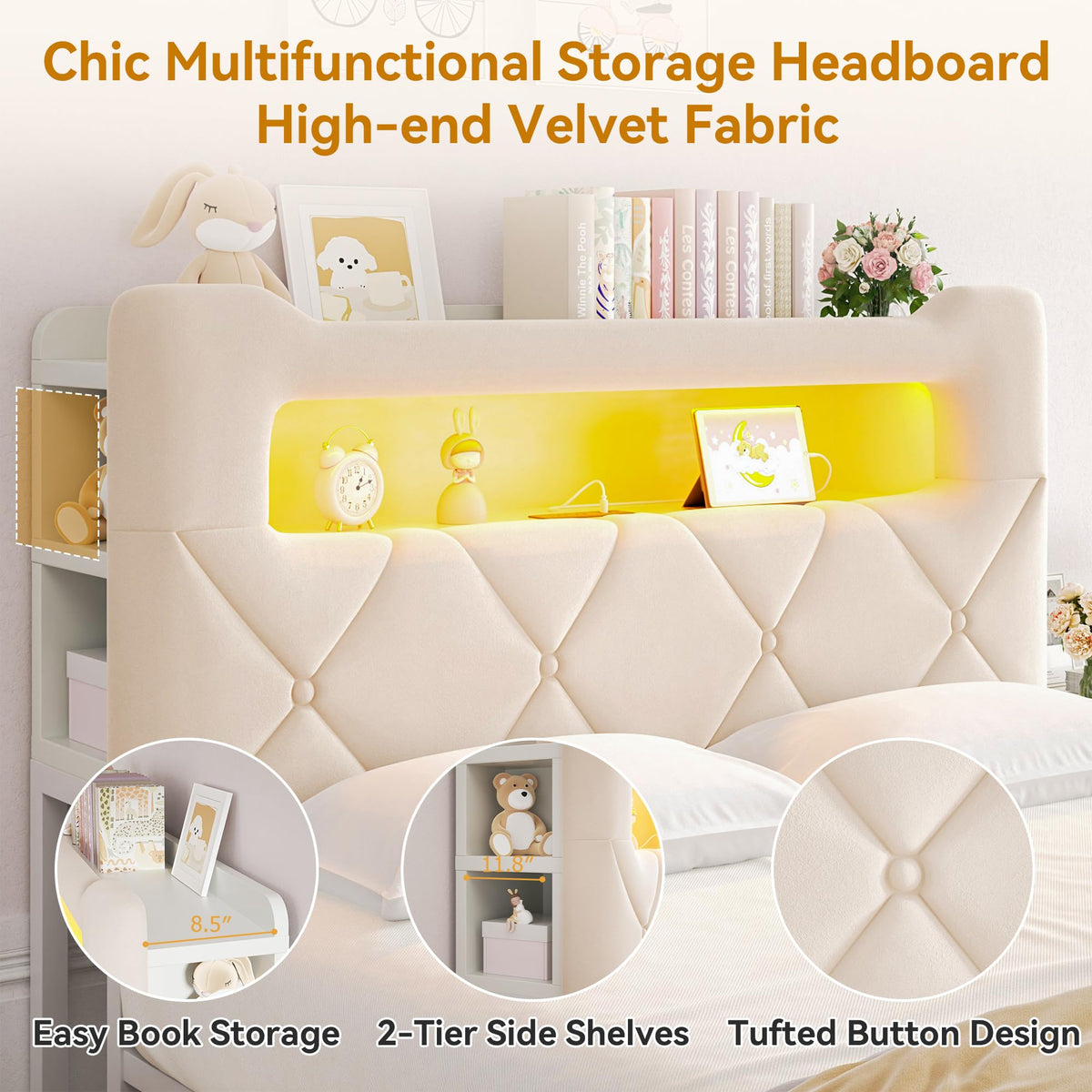 Full Upholstered LED Bed Frame with 2 Storage Drawers and 2-Tier Storage Headboard, Velvet Princess Platform Bed with Charging Station & Bookcase,Heavy Duty Metal Support,No Box Spring Needed,Beige