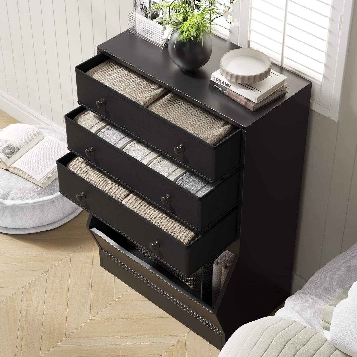 MHOM Fabric Dresser for Bedroom, Small Dresser with PU & Fabric Drawers, Modern Wooden Storage Cabinet with Open Cube for Closet, and Bedroom, Black