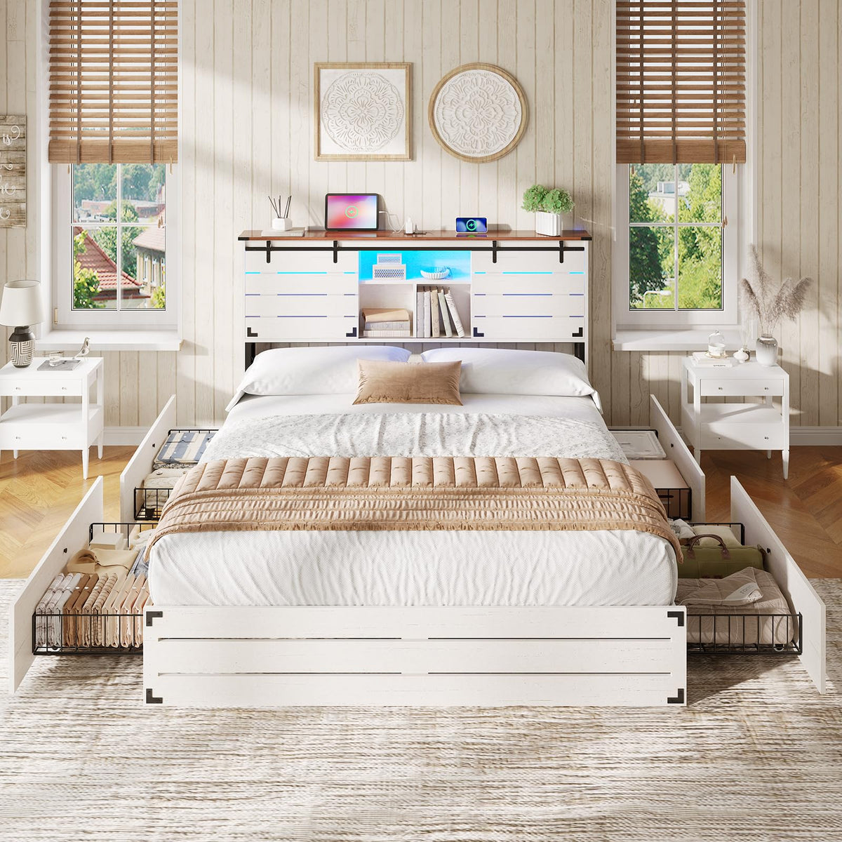 VIAGDO Wooden Bed Frame Full Size with Bookcase Headboard and Sliding Barn Door, Farmhouse Bed Frame Full Size with Charging Station, LED Lights and 4 Storage Drawers, No Box Spring Needed, White