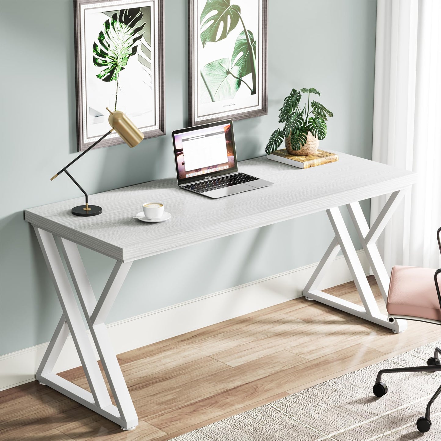 Tribesigns Writing Computer Desk, 55 inch Heavy Duty Study Desk with Z-Shaped Metal Leg, Modern Simple Home Office Computer Desk, White