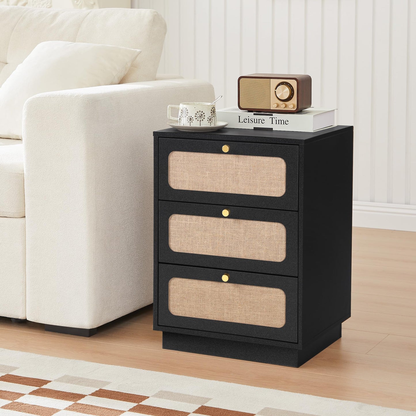 AVZEAR Mid Century Night Stand Set of 2, Modern Nightstand with 3 Drawers & Curved Linen Panel, Farmhouse End Table Wood Bedside Table Small Side Table for Small Space, Bedroom(Black)