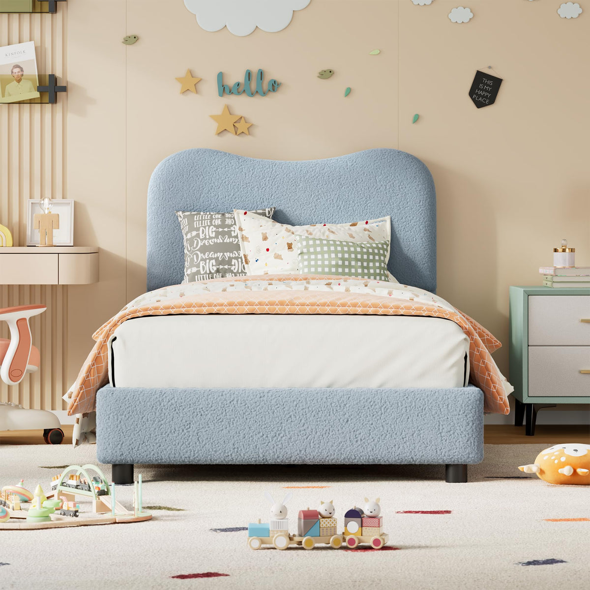 Senfot Blue Twin Kids Bed Frame with Upholstered Headboard, Low Profile Sturdy Platform Bed with Soft Boucle Fabric for Girls and Boys, Heavy Duty, Wooden Slats, Noise Free, No Box Spring Needed