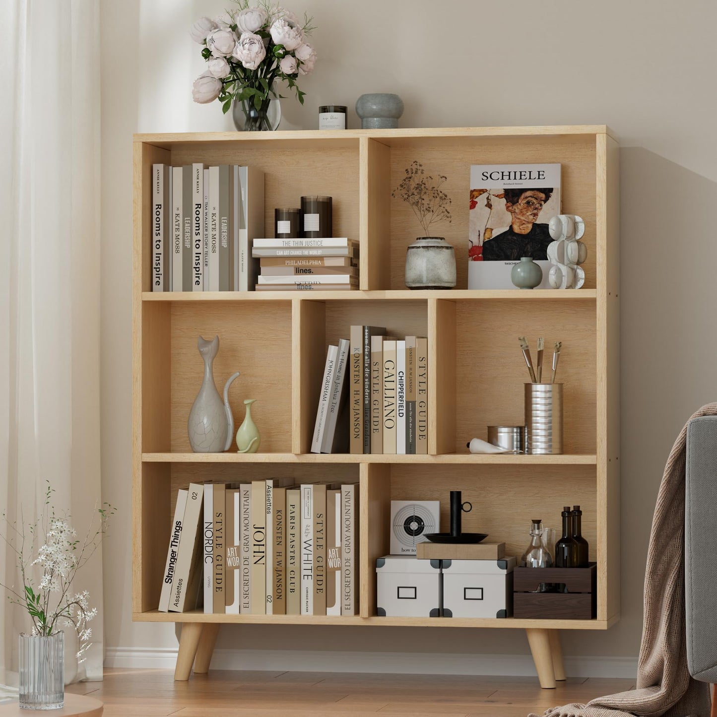 JAMFLY Bookshelf, 3 Tier Book Shelf with Legs, Modern Small Bookcase Storage Organizer Book Shelves for Bedroom, Living Room, Office, Natural