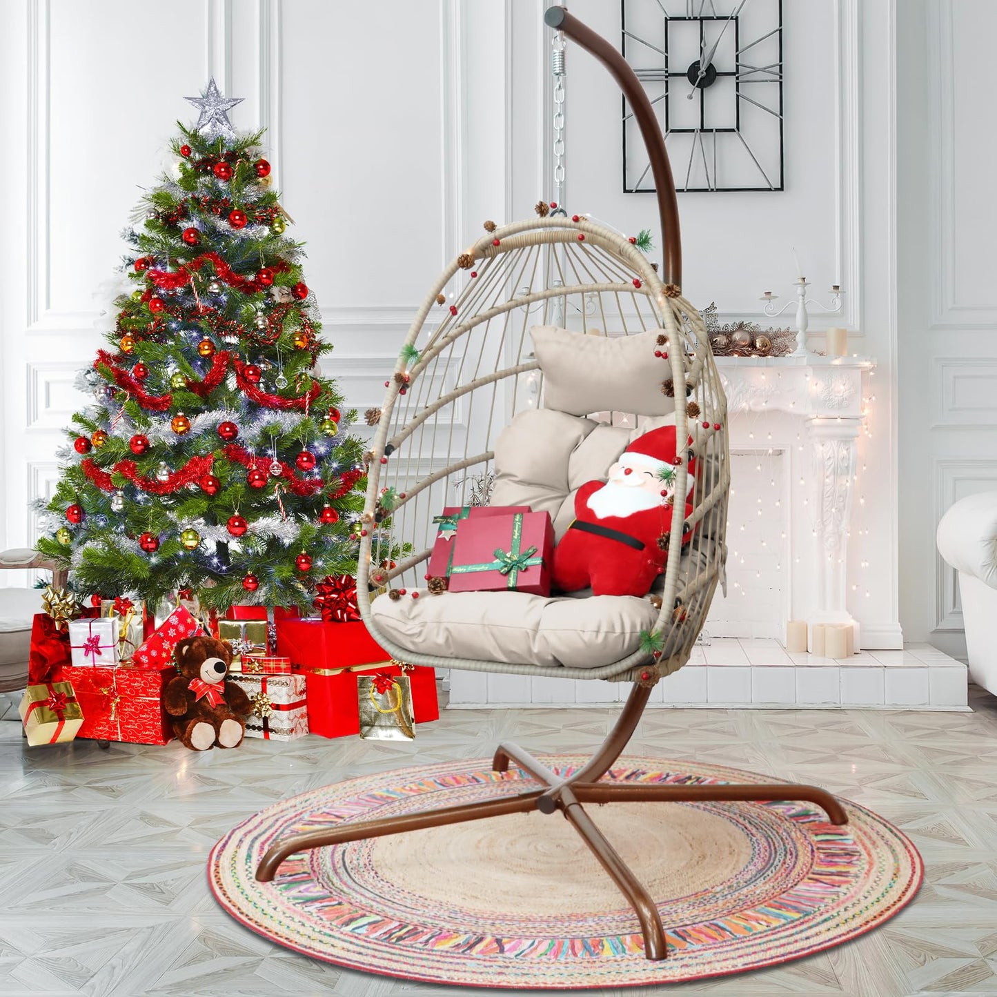 NICESOUL Hanging Egg Chair with Stand Indoor Outdoor, Comfy Patio Rattan Swing Hammock Chairs with Cushion, 350lbs Capacity Egg Shaped Chair for Lawn Backyard Balcony Bedroom, Birthday Gift, Beige