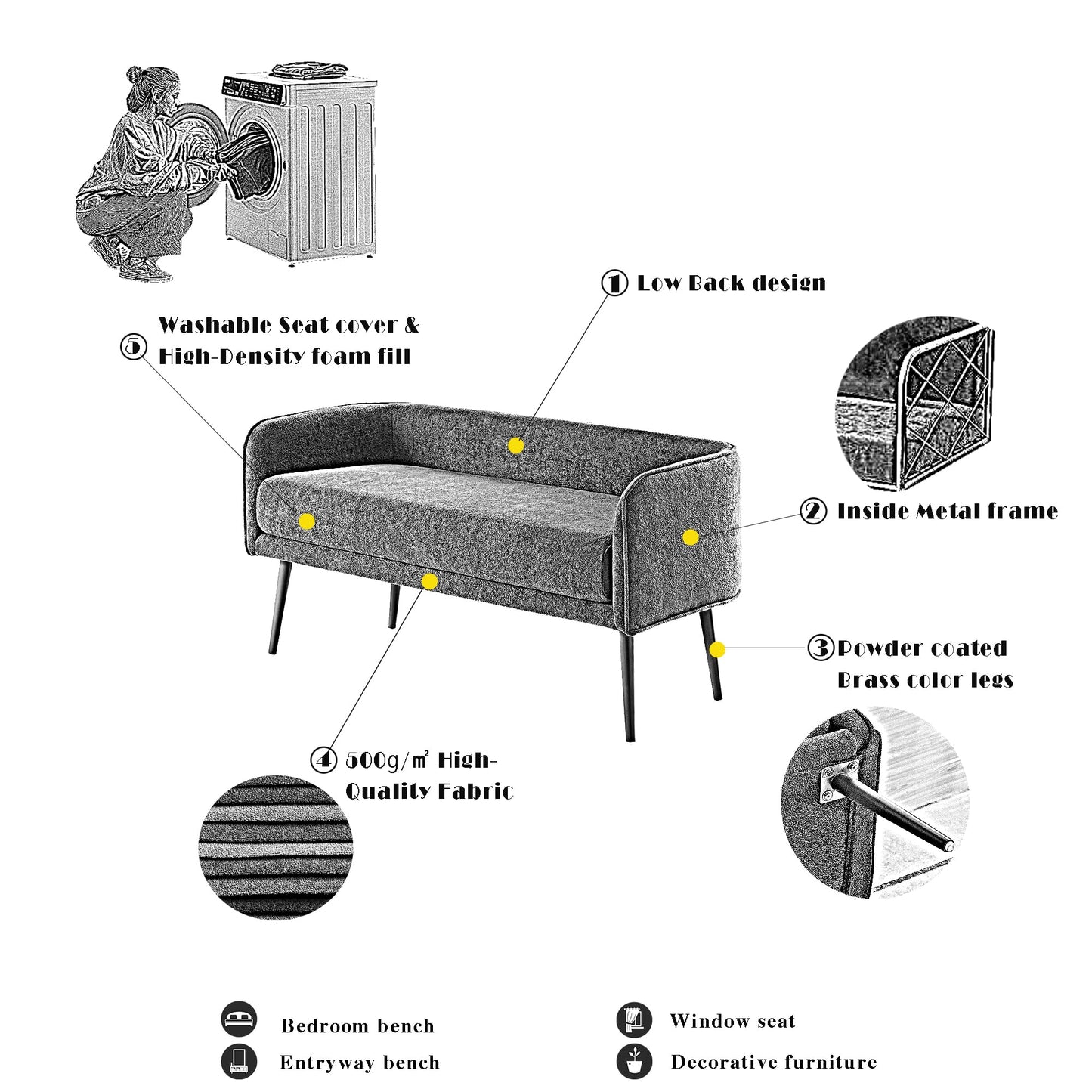 Forshare Bedroom Bench with Low Back,Inside Metal Frame (Beige)