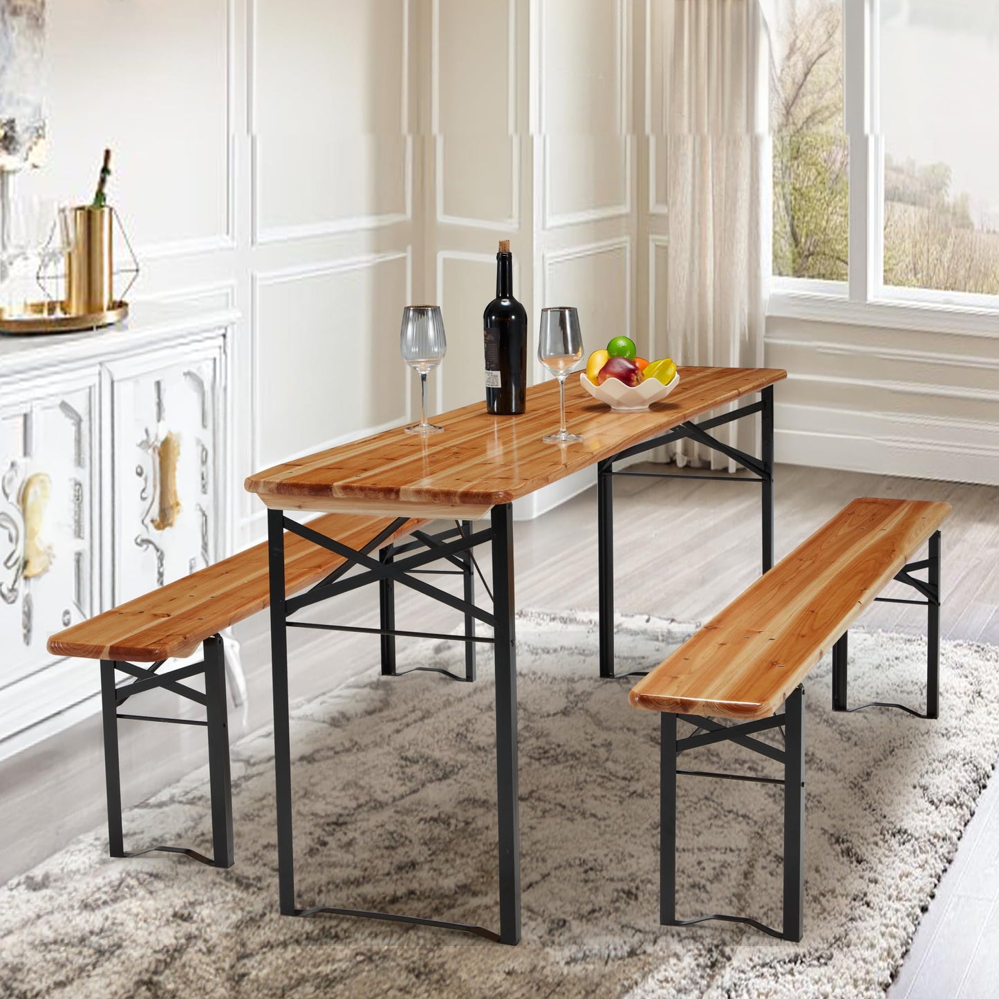HOMREST Folding Picnic Tables with 2 Benches Set,70" 3-Piece Portable Table for 6-8 Persons，Outdoor Dining Table with Weather-Resistant Wooden and Sturdy Steel Frame for Patio,Party,BBQ and Camp