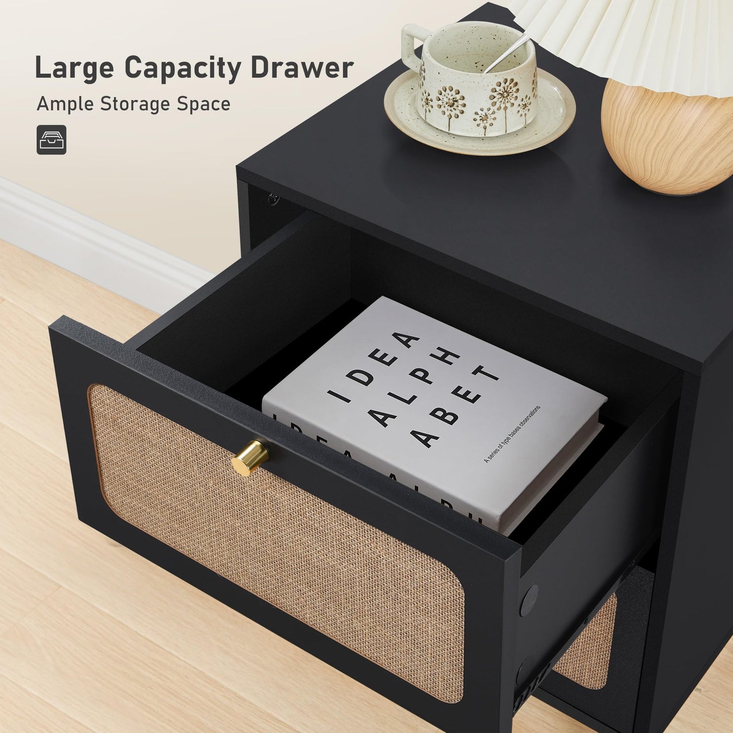 RUSTYER Mid Century Night Stand Set of 2, Modern Nightstand with 2 Drawers & Curved Linen Panel, Farmhouse End Table Wood Bedside Table Small Side Tables for Small Space, Bedroom (Black)