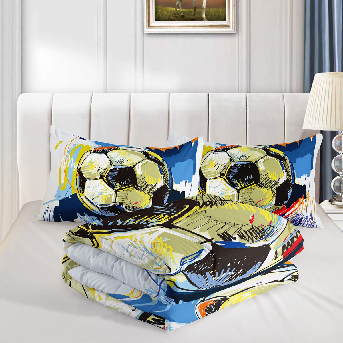 BSNTHO Soccer Comforter Set Boys Sports Bedding Set Twin Size for Kids Teens Hand Drawn Football Graffiti Style Comforter Design 3 Piece with 1 Comforter 2 Pillowcases