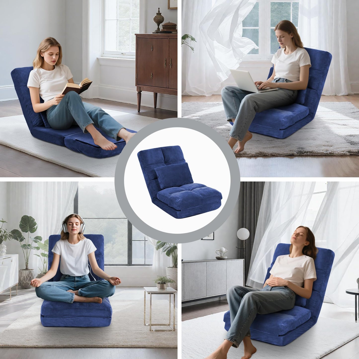 DeeLyan Indoor Chaise Lounge Sofa, Floor Chair with Back Support for Adults, 14 Angle Adjustment Recliner Chair, Folding Floor Lounger with Pillow (Blue)