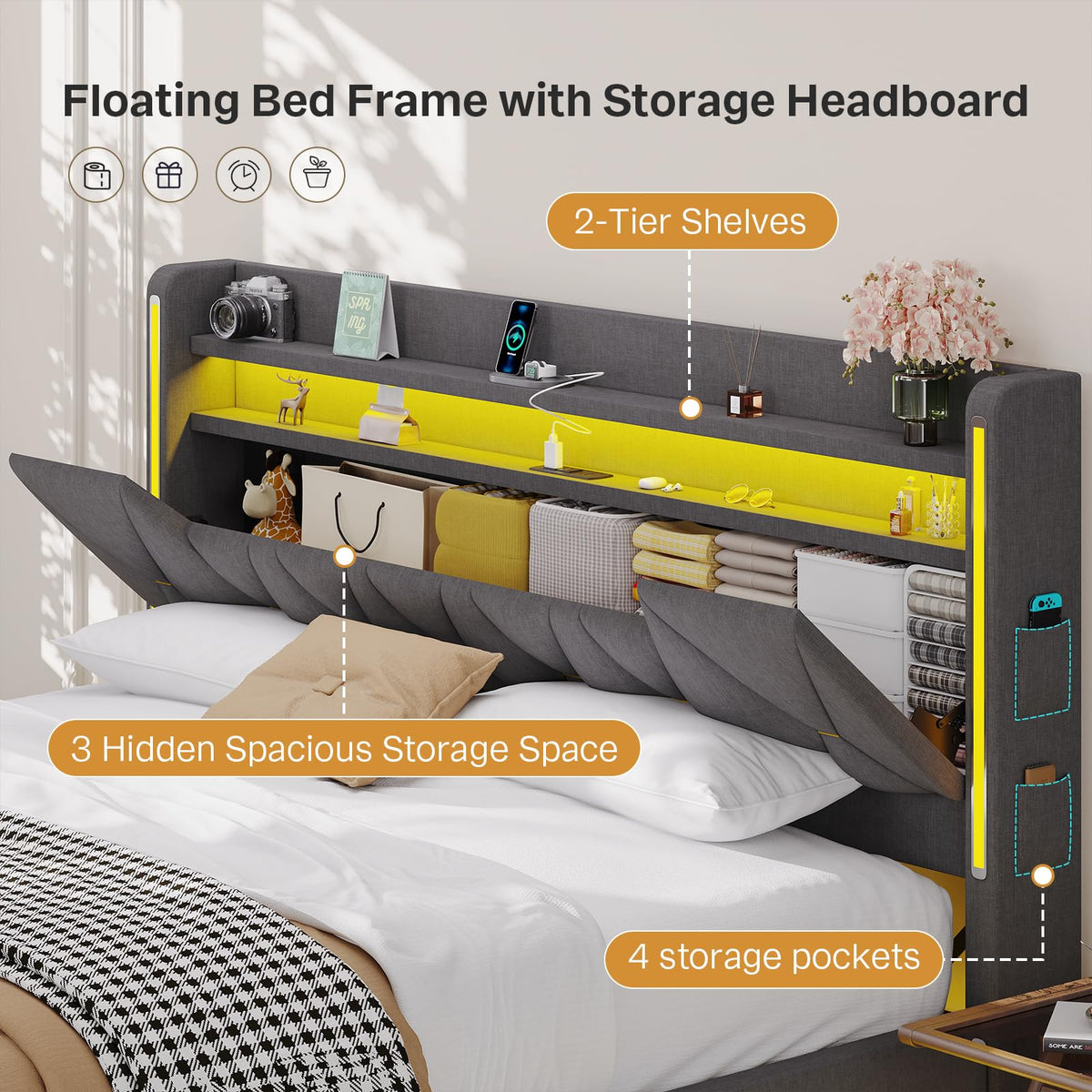 Dnxao Floating Bed Frame,King Bed Frame with Hidden Storage, King Platform Bed Frame with Headboard,4 Pockets,LED Lights and Charging Station, Noise Free, No Box Spring Needed,Quick Assembly,Gray