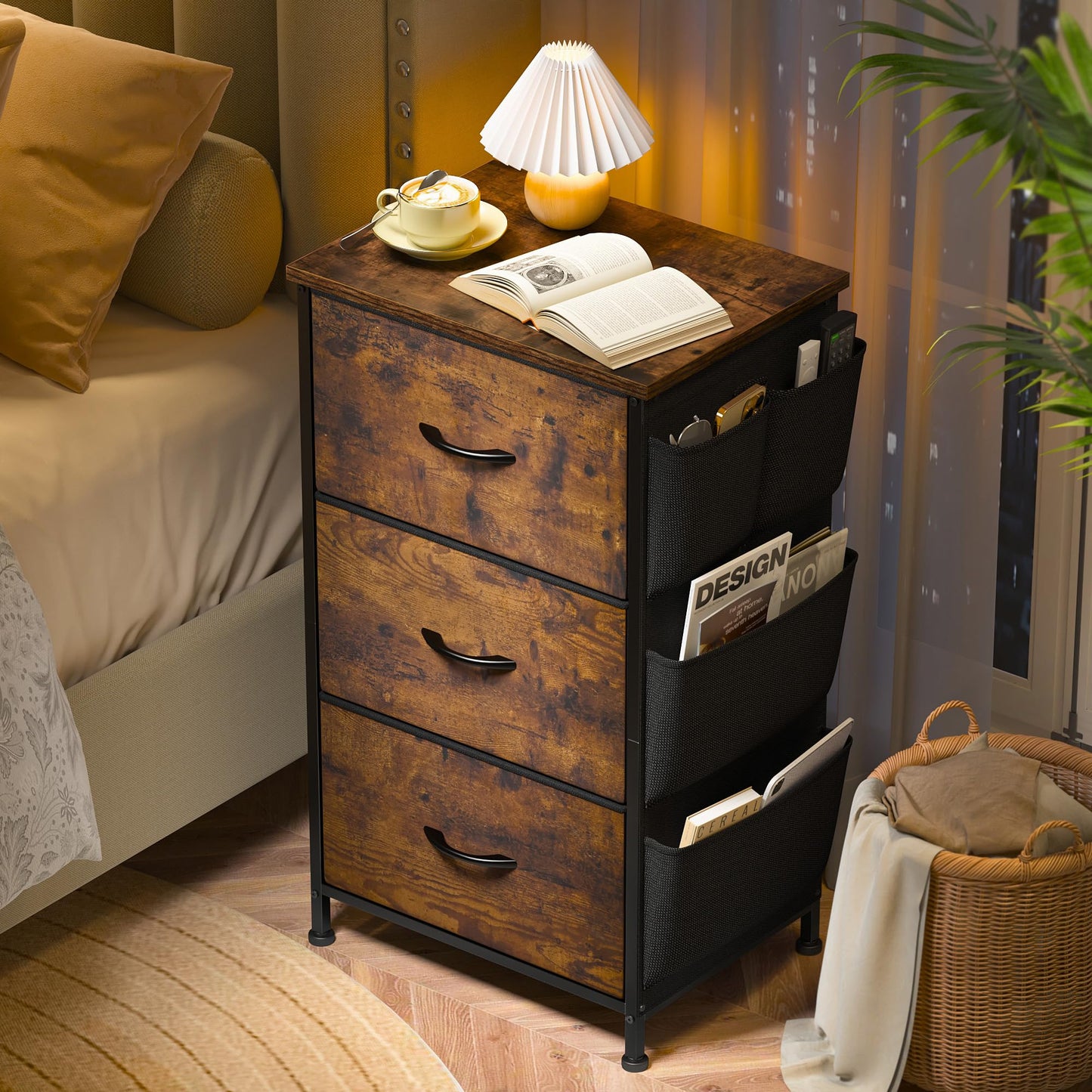 Night Stand Set 2, Night Stand with 3 Drawers for Bedroom, Bedside Table with Wooden Top, Sturdy Steel Frame End Table, Small Dresser for Bedroom, Entryway, Rustic Brown