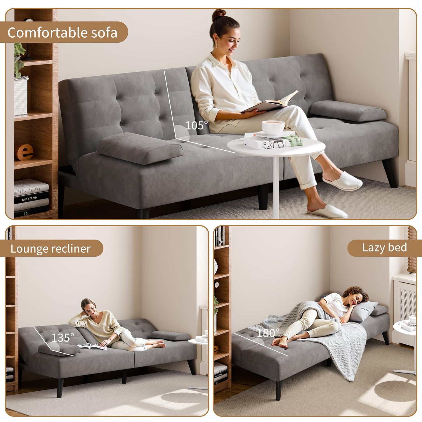 JAMFLY Sofa Bed Futon Couches, Modern Convertible Folding Loveseat - Multi-Functional Recliner with 3-Angle Adjustment, Detachable Armrests with Cup Holders - Ideal for Small Spaces, Dark Drey Velvet