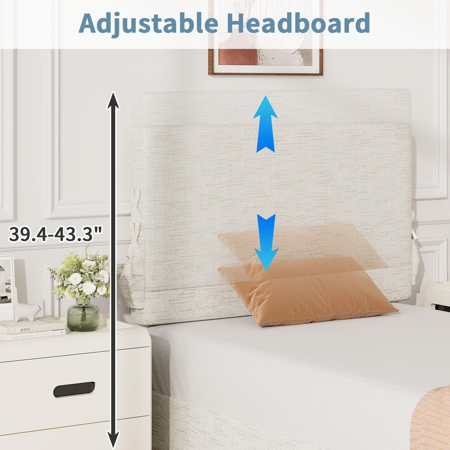 Twin Bed Frame with Headboard, Chenille Fabric Upholstered Platform Bed with Strong Wooden Slats, Kids Twin Bed Frame, No Box Spring Needed, Noise Free, Easy Assembly, White