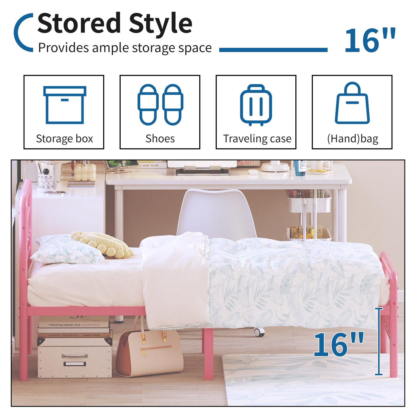 DiaOutro Classic Metal Platform Pink Twin Bed Frames with Headboard and Footboard, 16 Inch No Box Spring Needed Heavy Duty Victorian Style Iron-Art Mattress Foundation/Under Bed Storage