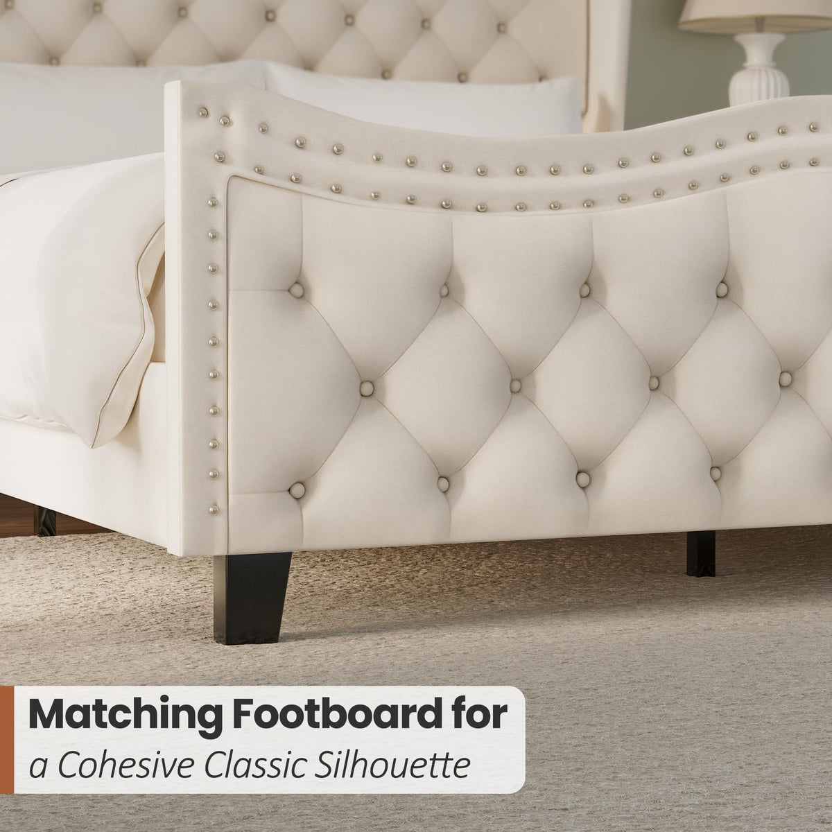 RIHHA Cream Queen Size Upholstered Platform Bed Frame with 50'' Tall Velvet Tufted Curved Wingback Headboard, Wooden Slats, Noise-Free, No Box Spring Needed, Easy Setup