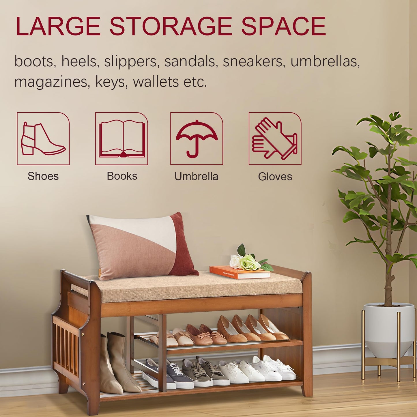 DOUSY Shoe Storage Bench for Entryway, Bamboo Entryway Bench with Hidden Drawer and Side Brackets,2-Tier Shoe Rack Organizer for Entryway, Hallway,Bedroom and Bathroom