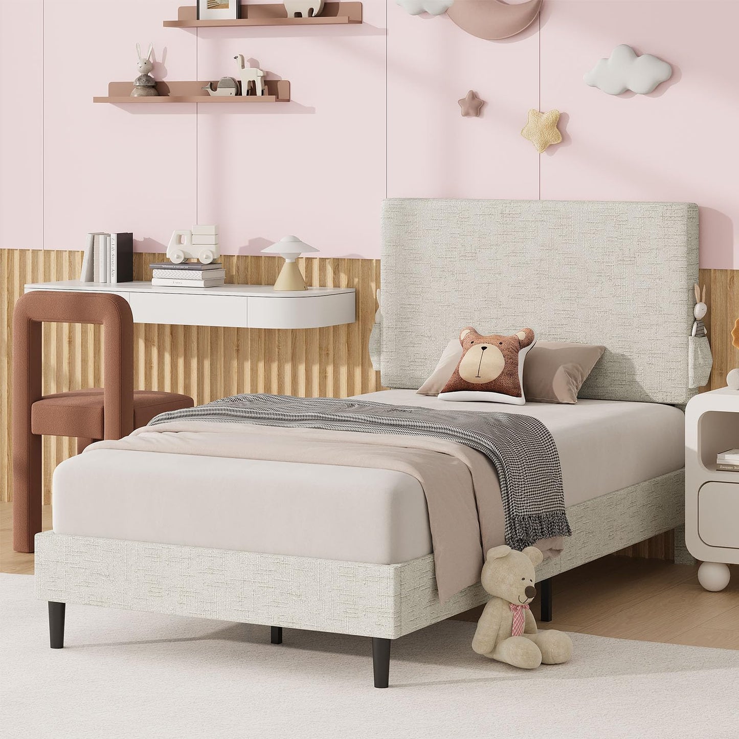 Twin Bed Frame with Headboard, Chenille Fabric Upholstered Platform Bed with Strong Wooden Slats, Kids Twin Bed Frame, No Box Spring Needed, Noise Free, Easy Assembly, White