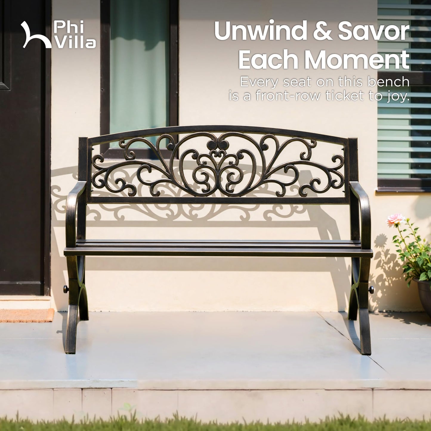 PHI VILLA 50" Garden Bench Outdoor Bench Patio Bench for Outdoors Metal Porch Steel Frame Furniture for Yard
