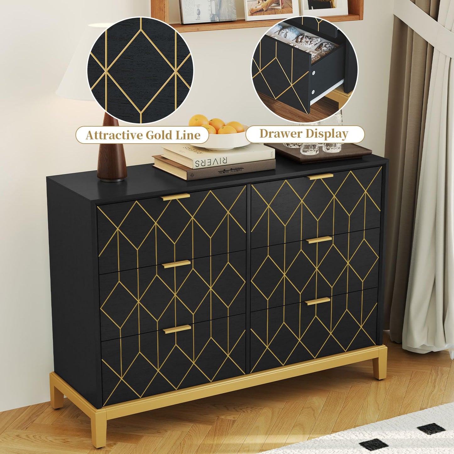 HLR Black Dresser with 6 Drawers,48" Modern Dresser Wide Chest of Drawers with Gold Lines Carved Design,TV Stand, Wood Dressers & Chest of Drawers for Bedroom, Living Room, Hallway
