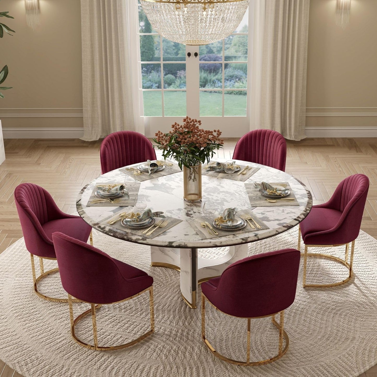 Hyfirm Wine Red Modern Dining Room Chairs Set of 4, Upholstered Kitchen Chairs with Gold Chrome Metal Legs, Round Back, Velvet Accent Stools for Kitchen & Dining Room