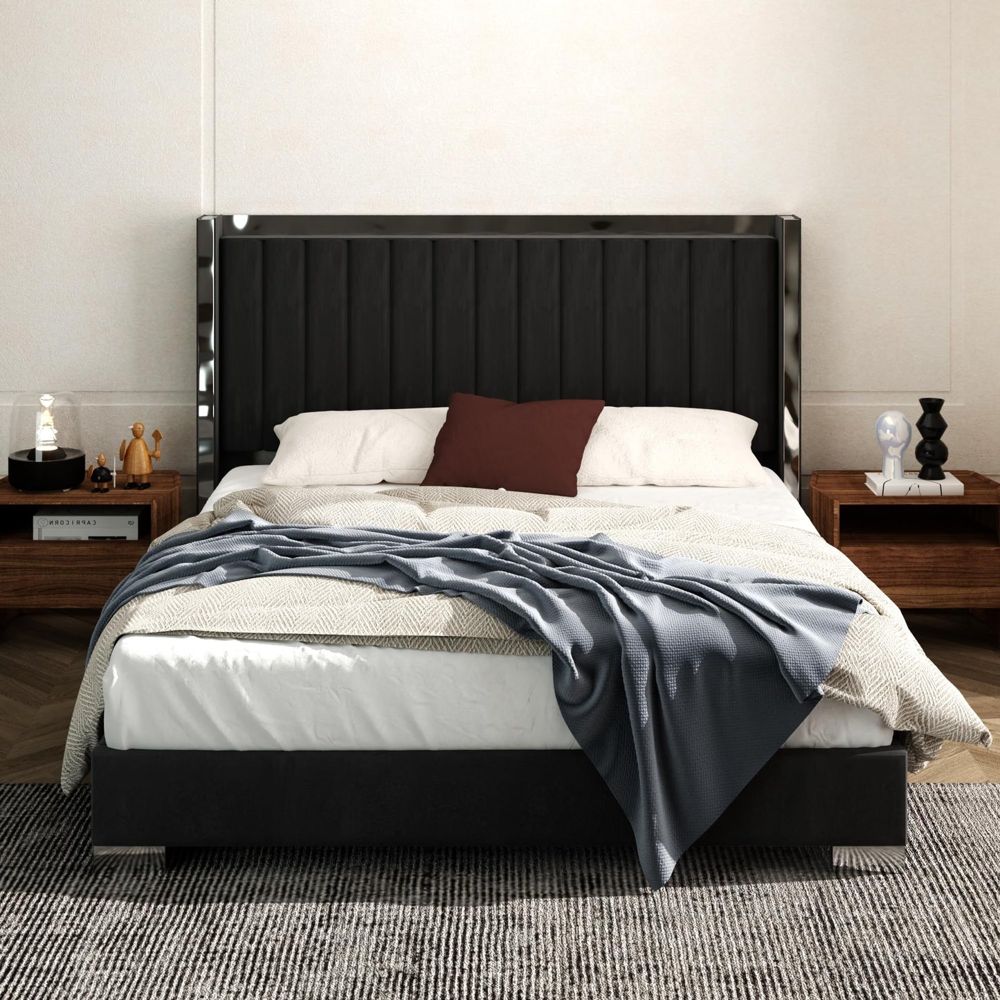 Konprosp Queen Size Bed Frame Velvet Upholstered Platform Bed with 58" Tall Headboard, Channel Tufted Wingback and Plating Trim, Solid Wooden Slats Support, No Box Spring Needed, Black