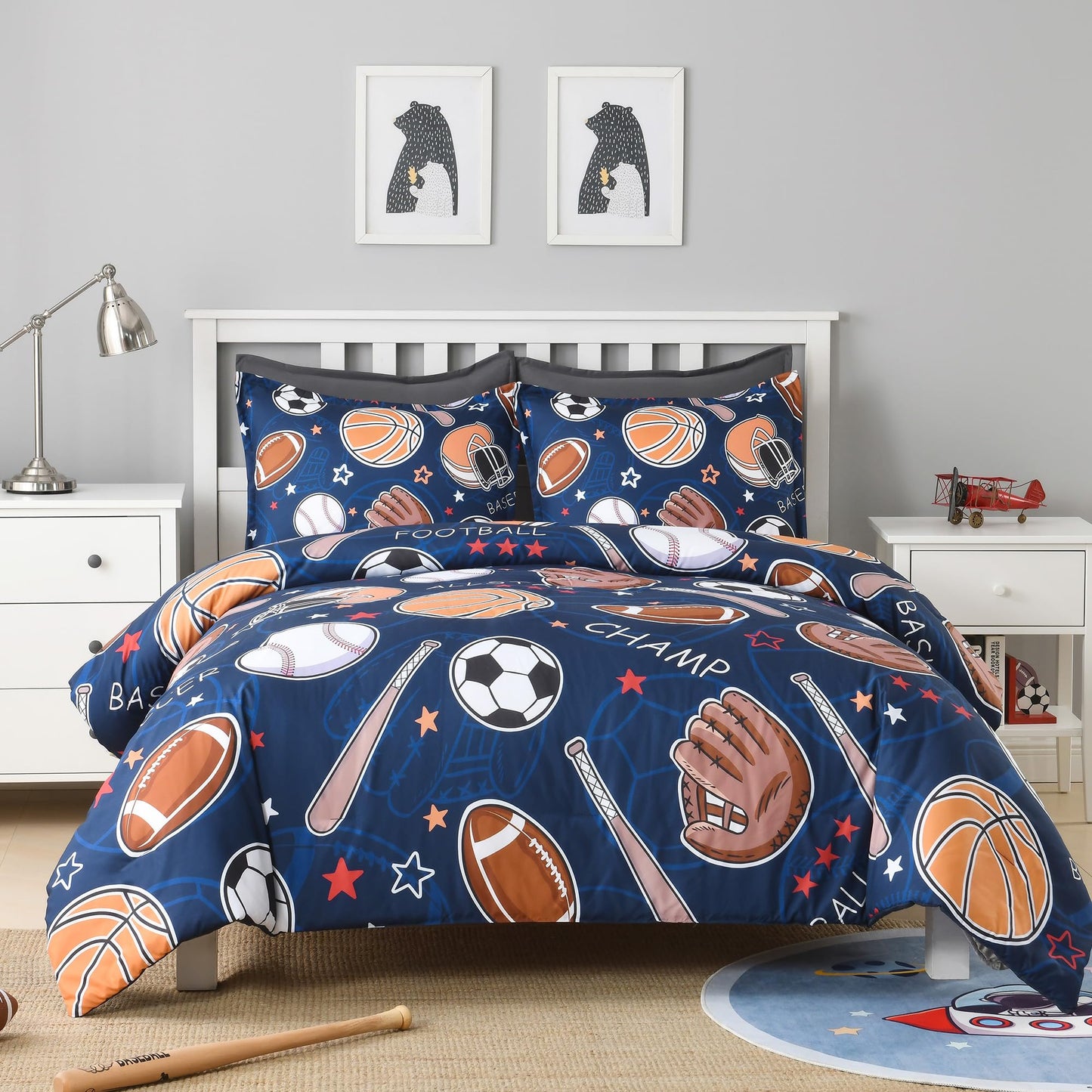 Andency Cartoon Ball Games Comforter Queen(90x90 Inch), 3 Pieces(1 Comforter, 2 Pillowcases) Soccer Basketball Baseball Football Comforter Set Sport Microfiber Bedding Set for Boys Girls Kids Teens