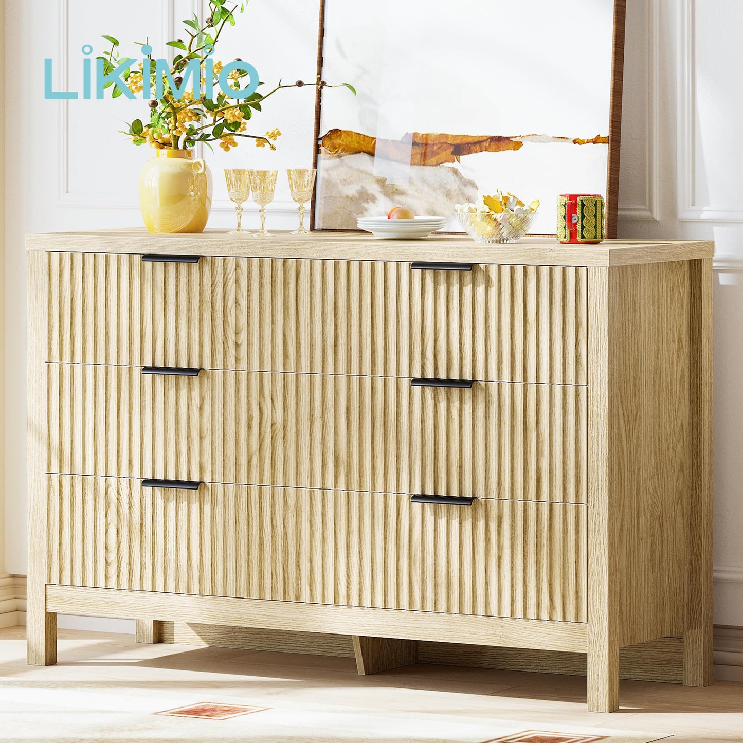 LIKIMIO Fluted 6 Drawers Dresser for Bedroom, 47" Wide Modern Chest of Drawers Closet Dressers, Wooden Dresser Storage Organizer for Living Room, Entryway, Hallway, Natural Oak