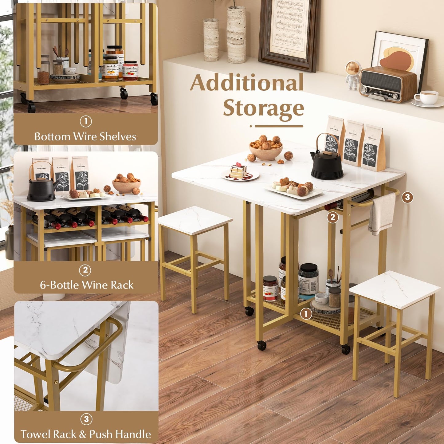 NAFORT 3-Piece Folding Dining Table Set, Mobile Drop-Leaf Kitchen Table with 2 Stools, 6-Bottle Wine Rack, Shelves, Push Handle and Lockable Wheels, Compact Space Saver Set for Apartments