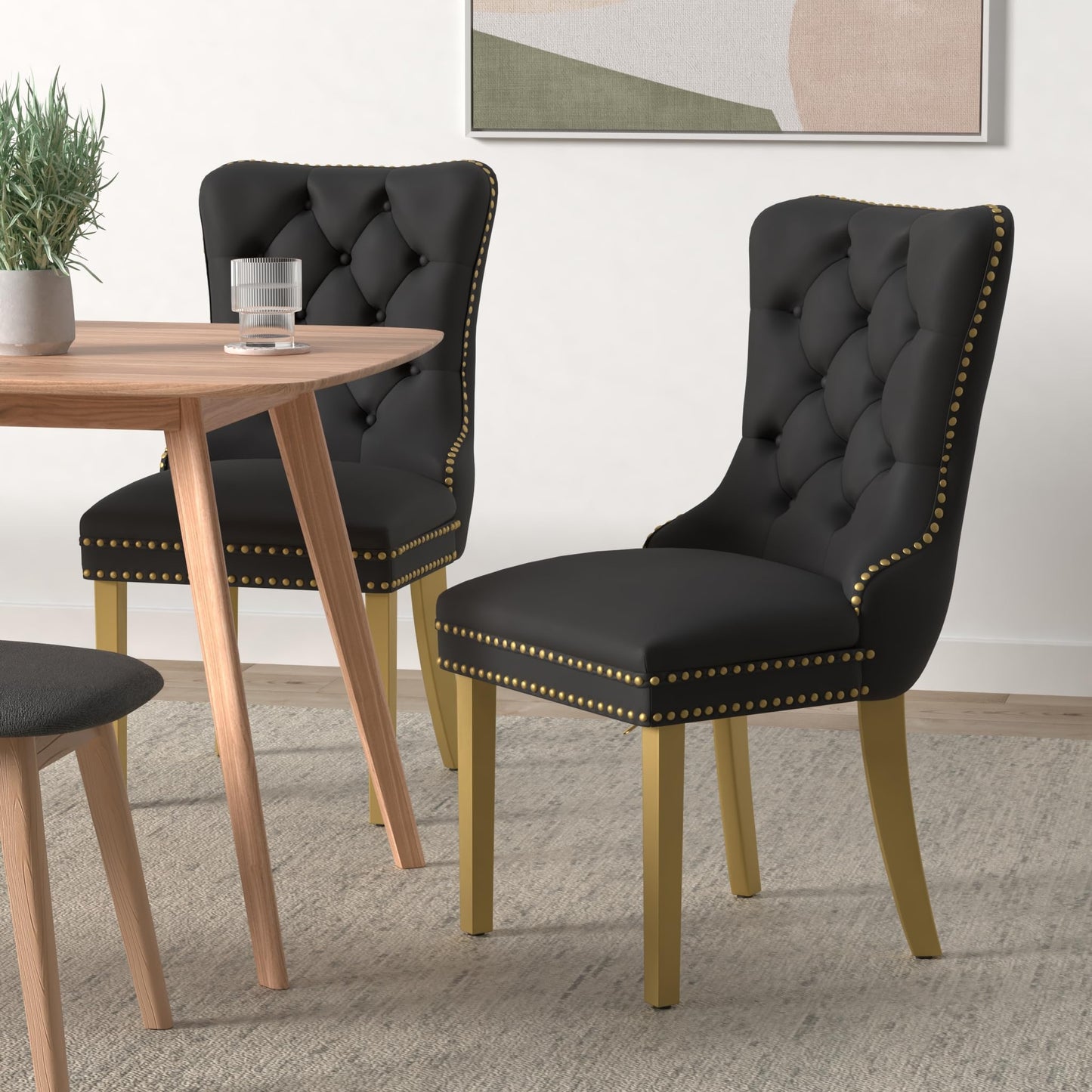 Black Dining Chairs Set of 6,Velvet Upholstered Dining Room Chairs with Back Ring Pull Trim and Golden Stainless Steel Legs,Modern Dining Chairs Perfect for Dining Room,Kitchen(Black)