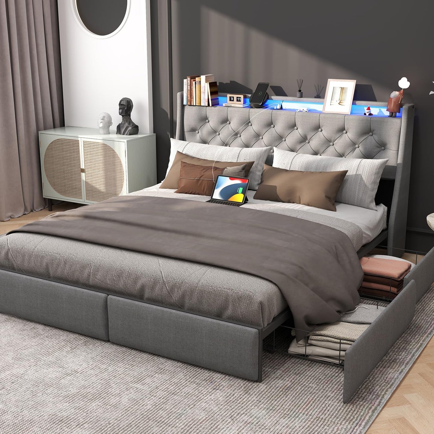 UINTAI Full Size Bed Frame with 4 Storage Drawers and LED Lights, Upholstered Platform Full Bed with Button Tufted Headboard and Charging Station, No Box Spring Needed, Easy Assembly, Gray