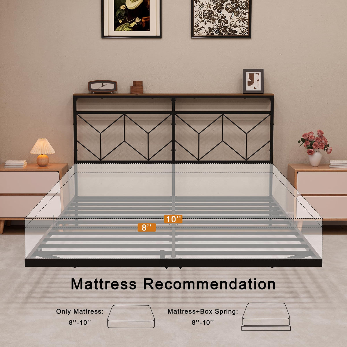 HAUSOURCE Full Size Floating Bed Frame with Storage Headboard Metal Platform Bed Frame with LED Lights and Charging Station Easy Assembly No Box Spring Needed
