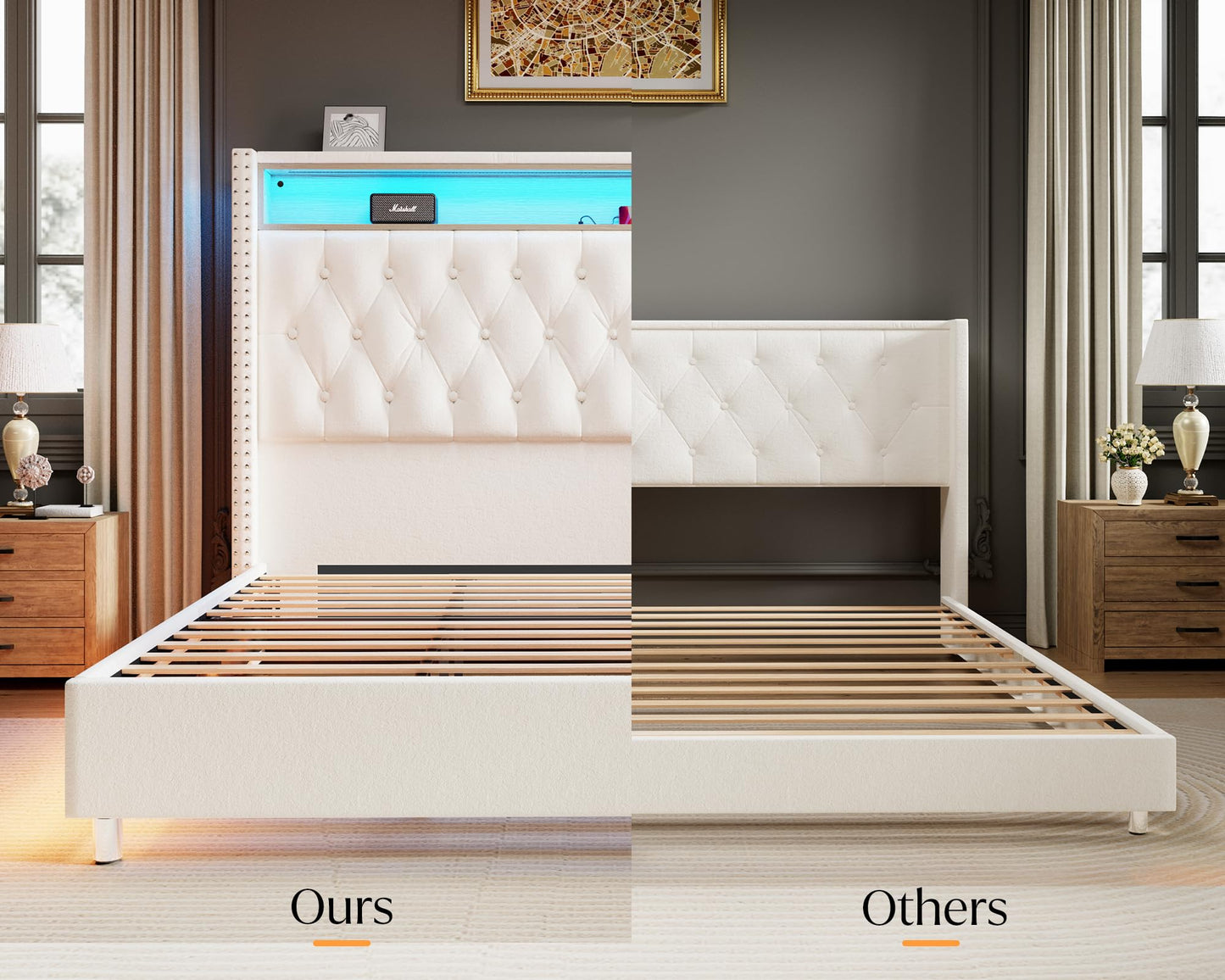 Jocisland Queen Size Bed Frame 53.6'' Tall Headboard LED Lights and Charging Station, Velvet Hign Upholstered Platform Bed Wingback Storage, No Box Spring Needed, Motion Activated Light, Light Cream