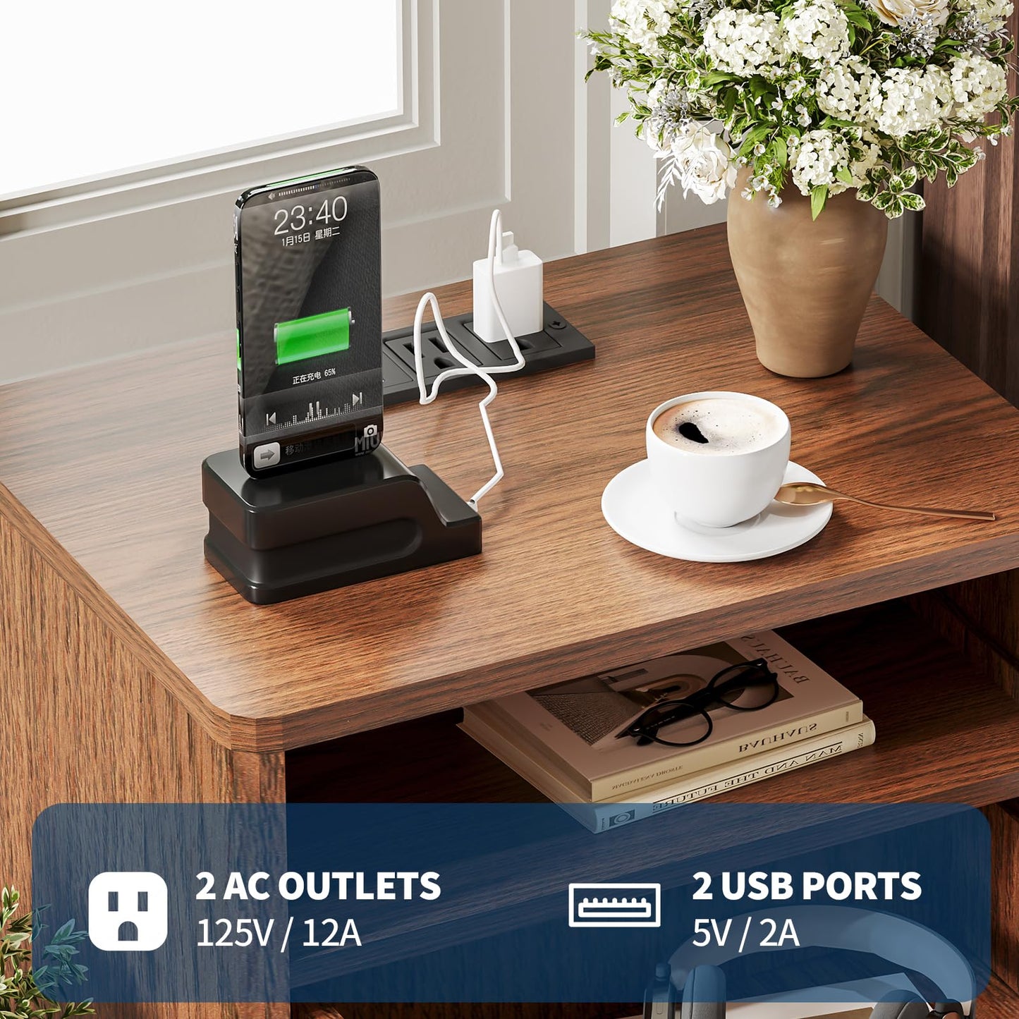 Fluted Nightstand Set of 2, Wood Night Stands with USB Ports and Outlets, 2 Drawers and Open Shelf Bedside Tables, End Table with Solid Wood Feet for Living Room Bedroom Office,Walnut Wood Color