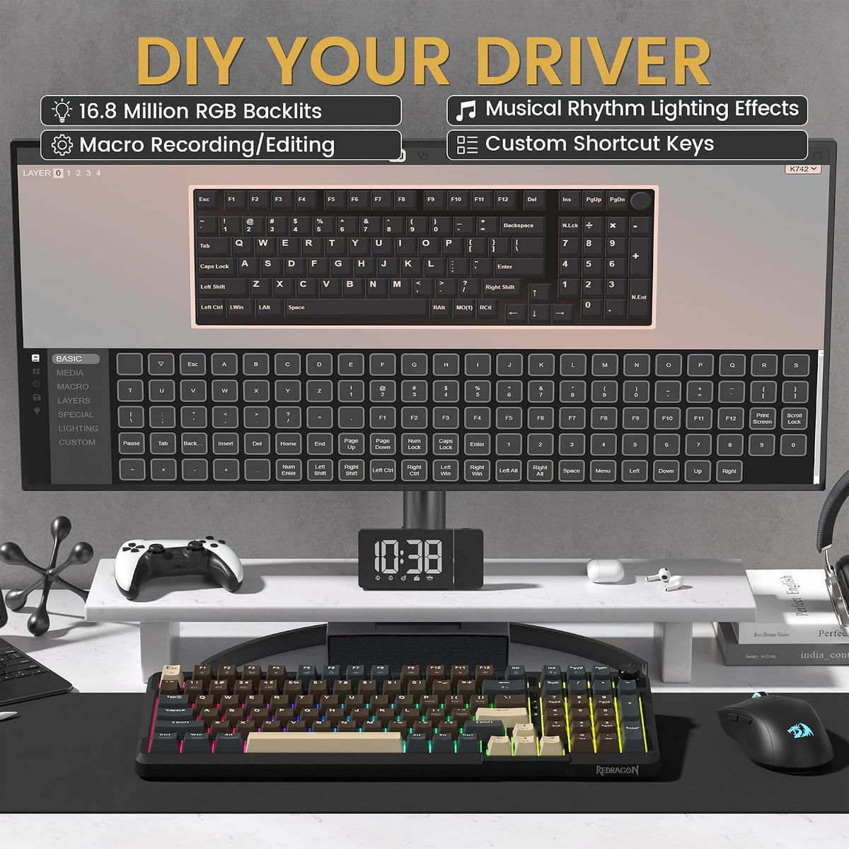 Redragon K742 Wireless Mechanical Gaming Keyboard with Knob, Bluetooth 5.0/2.4GHz/USB C Wired Creamy Keyboard with Number Pad for PC Computer, RGB Backlits, Hot-Swappable with Linear Switches (Brown)