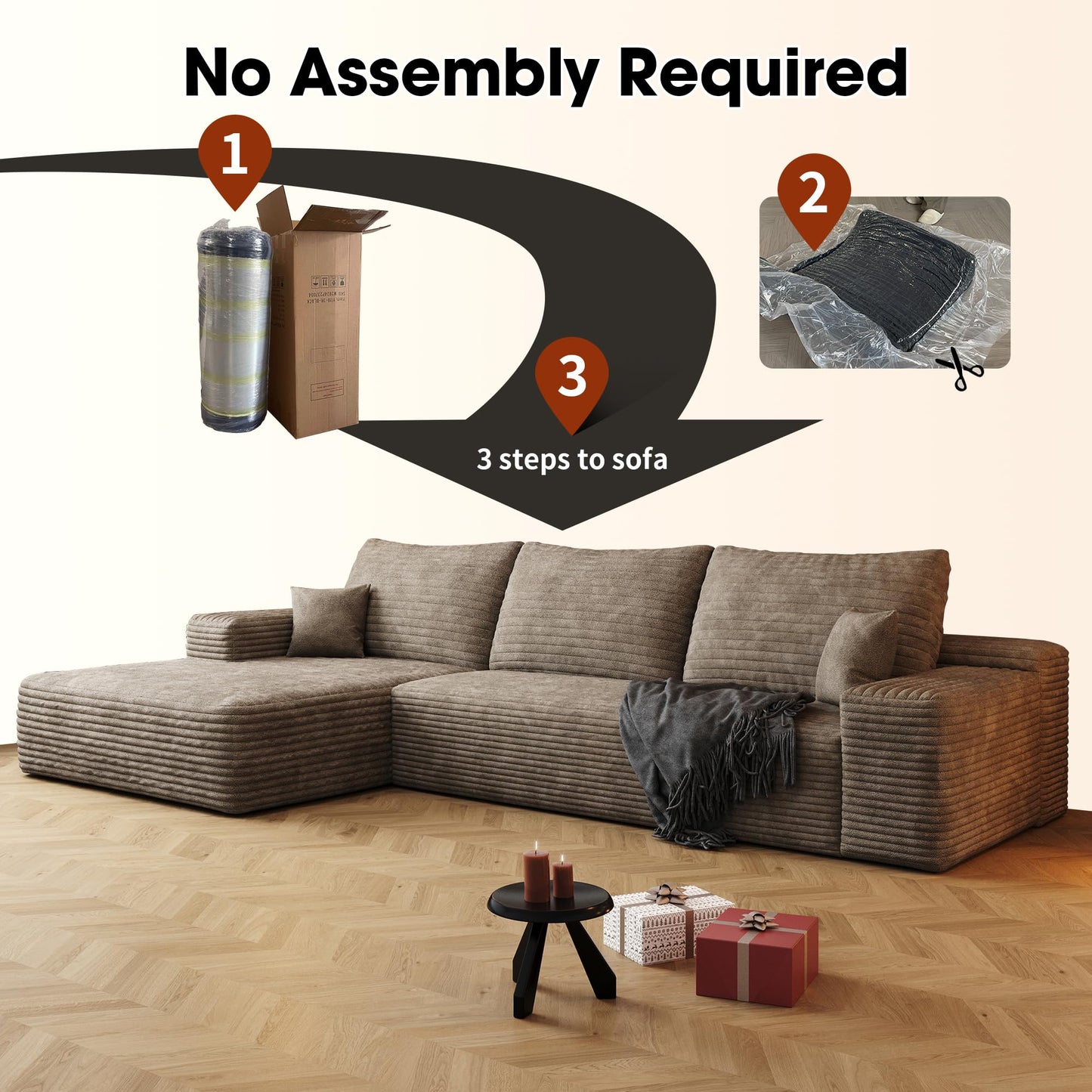 AUGOP 108" Sectional Couches for Living Room Modern Modular Sofa with L-Shape Couchs Upholstered Boneless Couch Deep Seat Sectional Couch with Chaise (Camel, Left Facing Chaise+2Seaters)