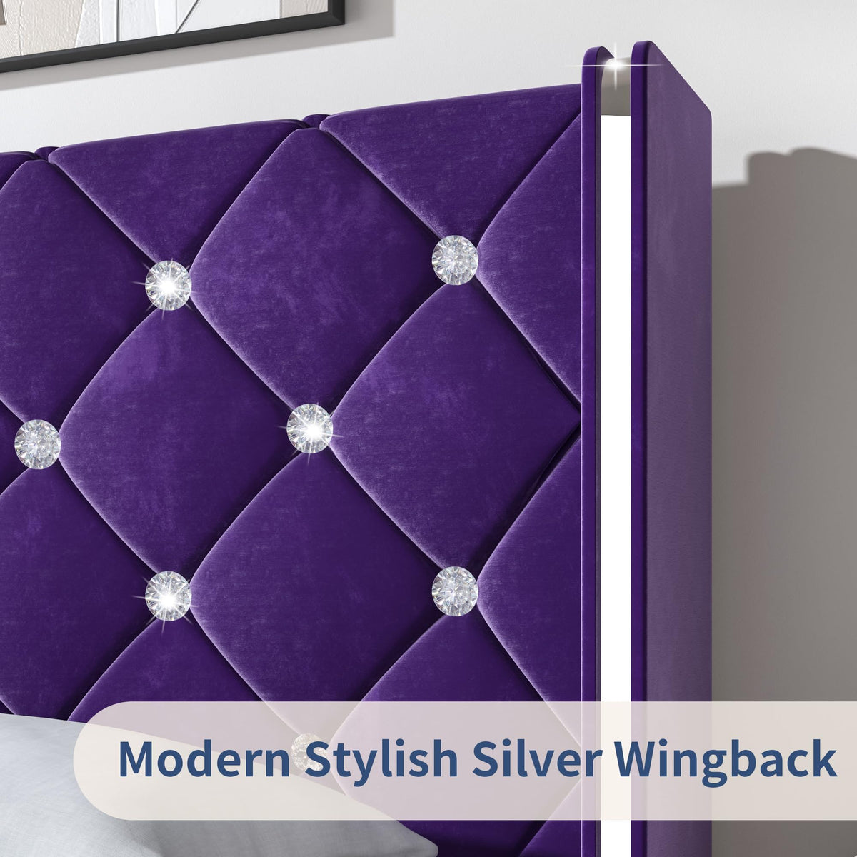 HOMBCK Queen Size Bed Frames with Headboard, Black Velvet Queen Bed Frame with Wingback, Upholstered Bed Frame with Diamond Headboard, Wood Slat Support, No Box Spring Needed, Easy Assembly,Purple
