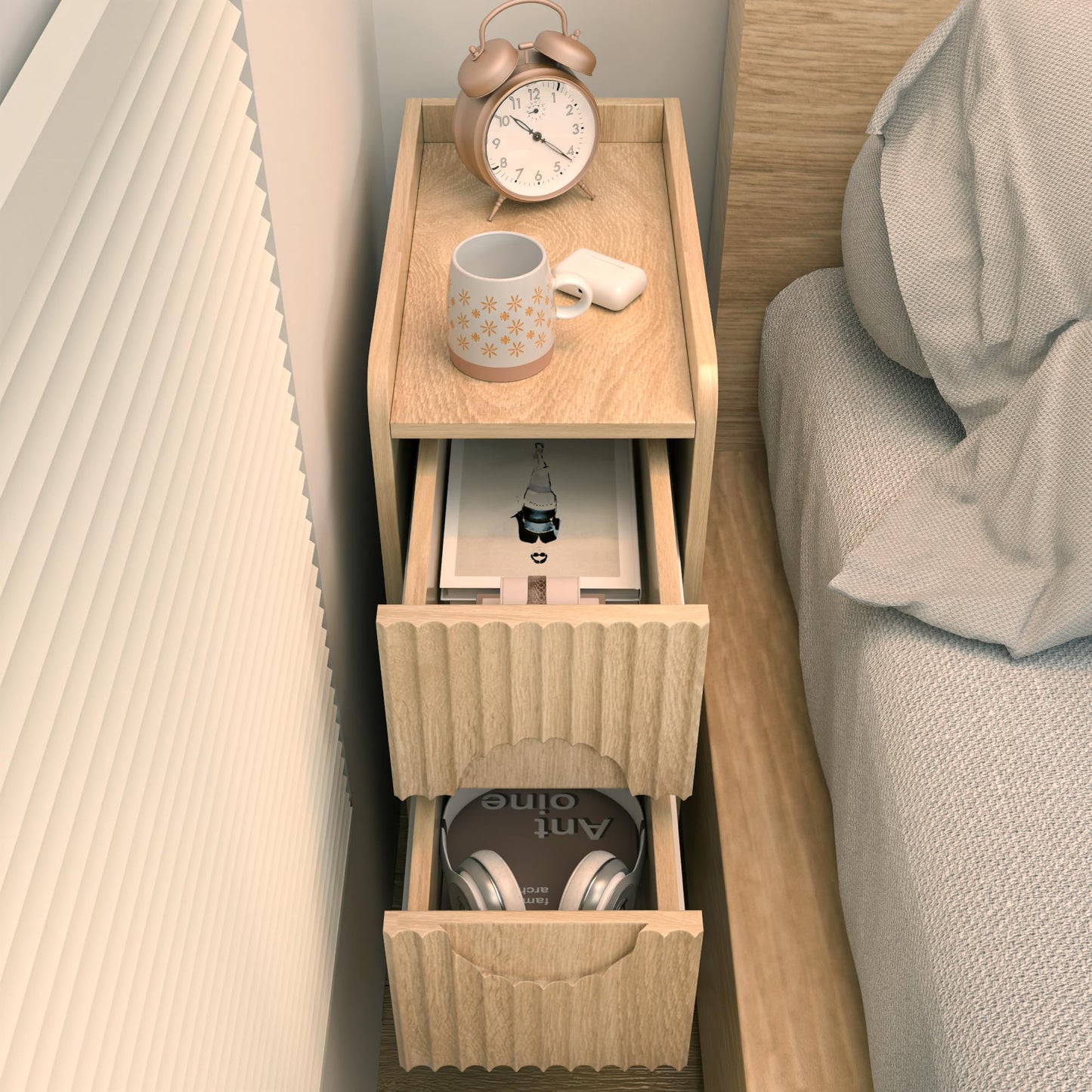 Small Fluted Nightstand Set of 2, Wood 2 Drawer Narrow Nightstand, Slim Side Table, Modern Boho End Bedside Table, Natural Wood Night Stand with Drawers for Bedroom, Living Room, Natural