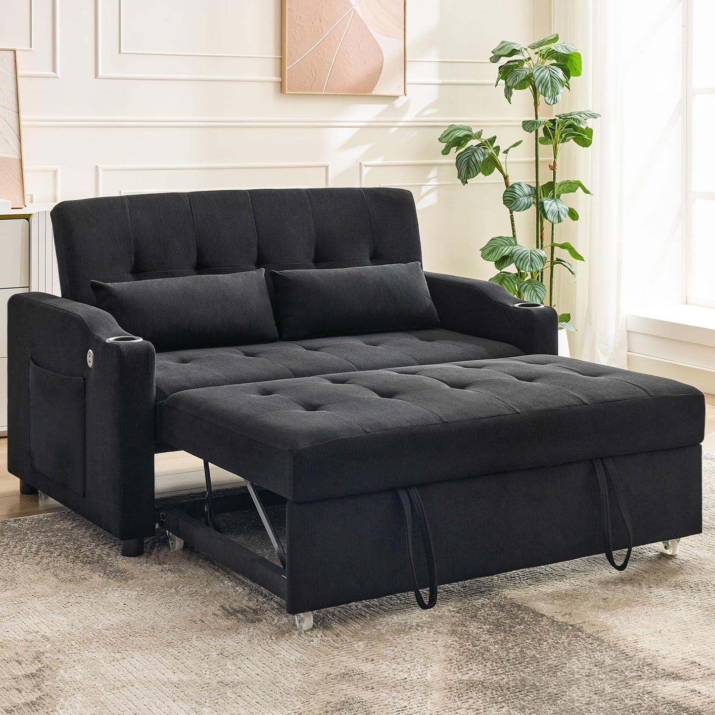 PeacefulHues Sofa Bed Couch, Futon Sleeper Couches with Pull Out Bed, USB Convertible Sofa Cama for Small Spaces, Living Room or Rv 3 in 1 Loveseat Furniture That Turns into Lounge Recliner