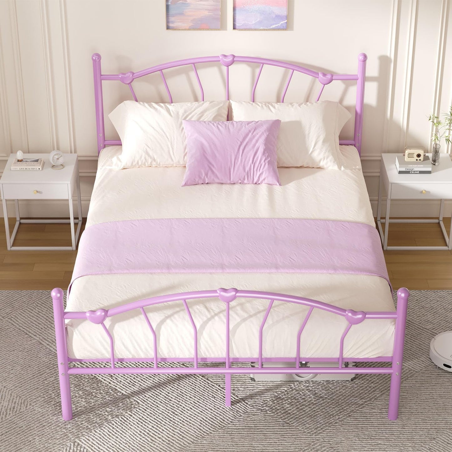 Full Size Metal Platform Bed Frame, Full Bed Frame with Heart-Shaped Decorative Headboard and Footboard, Heavy Duty Metal Slat Support, No Box Spring Needed, Noise-Free, Easy Assembly, Purple