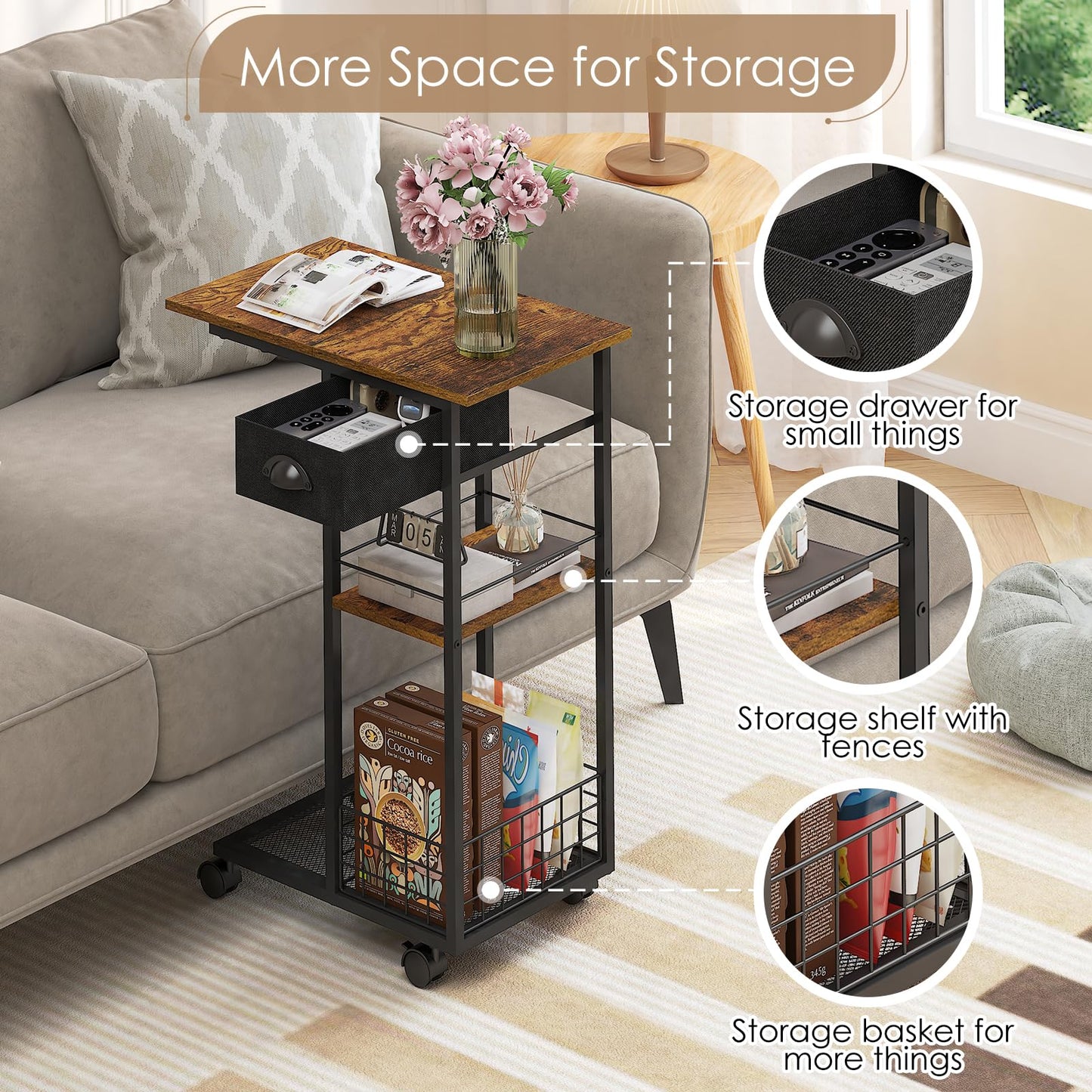 C Shaped End Table, Vintage Side Table with Drawer, Sofa Table with Wheels & Storage Basket for Living Room, Bedroom, Bedside, Rustic Brown and Black