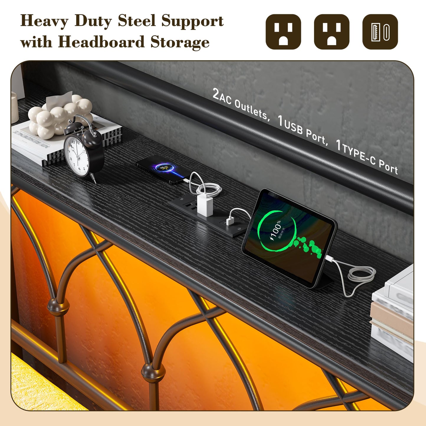 EnHomee King Bed Frame with Headboard, Metal King Size Bed Frame with LED Lights and Power Outlets, Heavy Duty Steel Slats Support with Storage, Sturdy & Noise-Free, No Box Spring Needed, Black